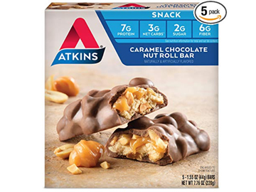 Atkins Snack Bar, Caramel Chocolate Nut Roll, 5 Count